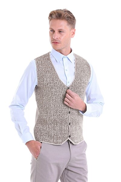Hatemoğlu Μπεζ Comfort Fit Μάλλινο κλασικό πλεκτό γιλέκο με λαιμόκοψη V