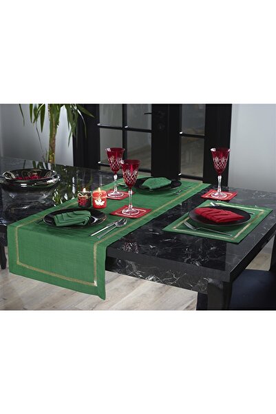 caka home design Yılbaşı Runner Iris Nakışlı Keten Efektli ( Özel Yeşil Seri)