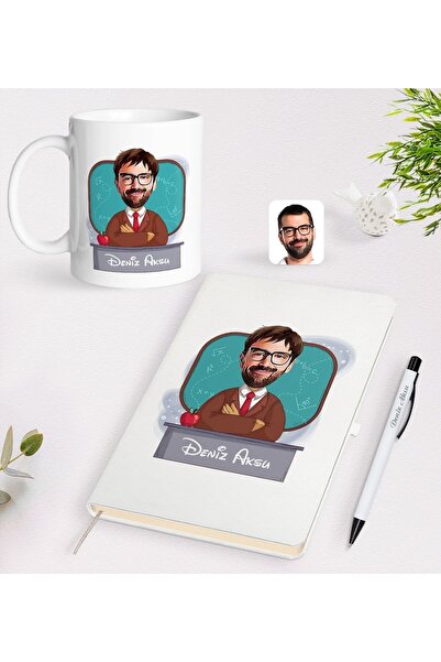 Bk Gift Gift Kişiye Özel Erkek Öğretmen Karikatürlü Beyaz Defter Kalem Kupa S...