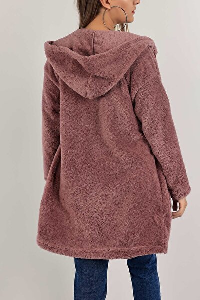 Afilva Γυναικείο μαλακό παλτό Dusty Rose με κουκούλα