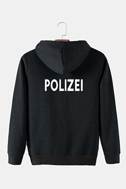 COLLIE Hanorac unisex, antracit, cu glugă, cu imprimeu Polizei, slim cu buzun...