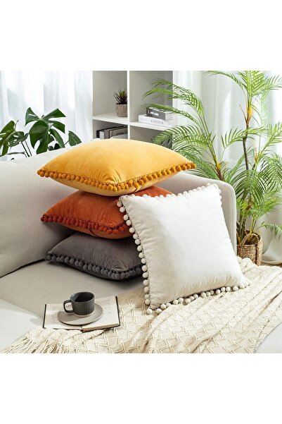 Bc Home Bej Minik Ponponlu Yumuşak Dokulu Kare Kırlent Kılıfı Iskandinav, Bohem,düz, Sade