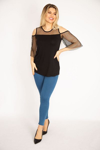 Şans Women's Large Size Black Robe and Sleeves Mesh Detailed Viscose Blouse 65n27071
