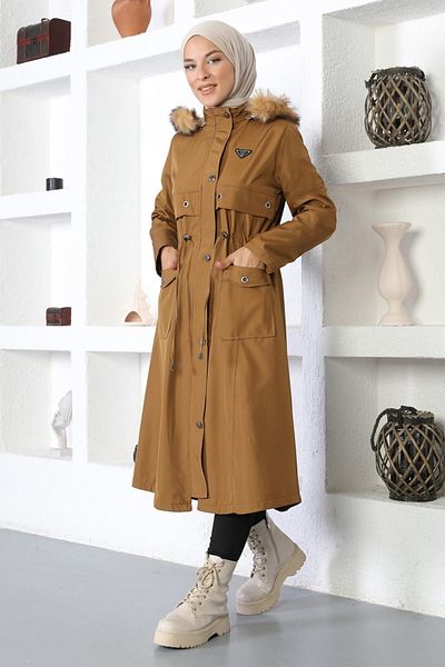 Modamihram Eyelet Detailed Coat with Detailed Coat of Arms Tan 10354
