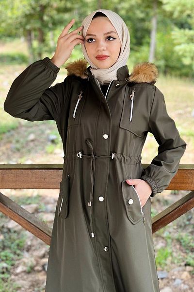 Modamihram Mantel mit Kapuze und Reißverschluss Khaki 10349