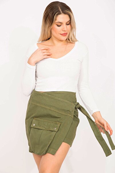 Şans Női nagy méretű, khaki gabardin szövetből készült, zsebes derék szoknya 65n35278