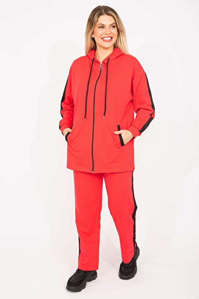 Şans Plus Size Sweatsuit Set - Red - Regular fit