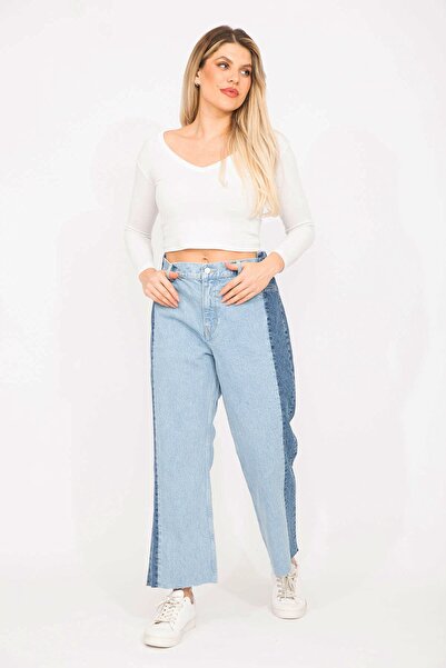 Şans Women's Large Size Blue Color Combination Jeans Trousers 65n35261