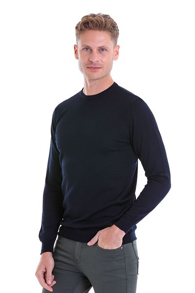 Hatemoğlu Navy Blue Comfort Fit Plain Crew Neck Woolen Sweater