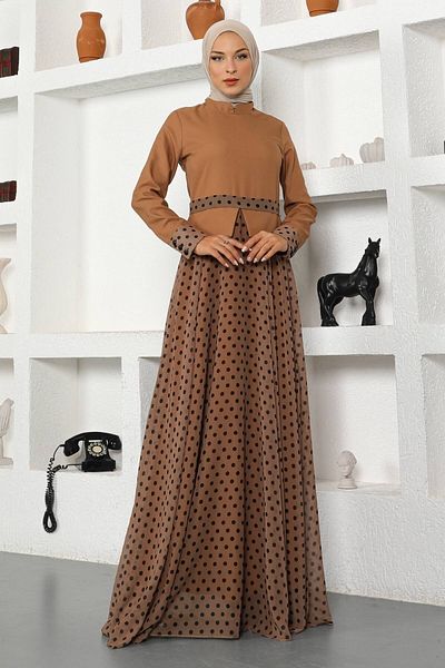 Modamihram Polka Dot Chiffon Dress Brown 10013