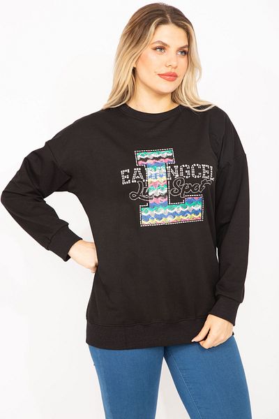 Şans Women's Large Size Black Stone Detailed Sweatshirt 65n35308