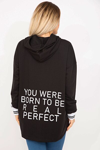 Şans Women's Large Size Black Sleeve Detailed Sweatshirt 65n35307