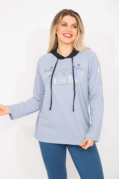 Şans Women's Large Size Blue Glitter Printed Hooded Tunic 65n35300