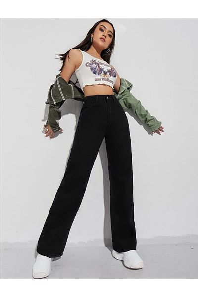 SHEVEGA Black Boyfriend Flare Jeans Wide Leg Jeans