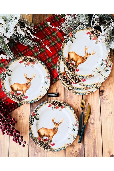 CASA DE BELLA Geyikli Christmas Patterned Porcelain Serving Plate for 6 People 25cm