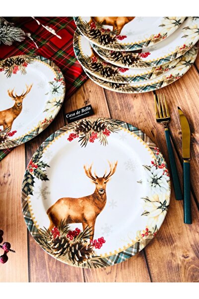 Genel Markalar Geyikli Yılbaşı Desenli 6 Kişilik Porselen Servis Tabağı 25cm