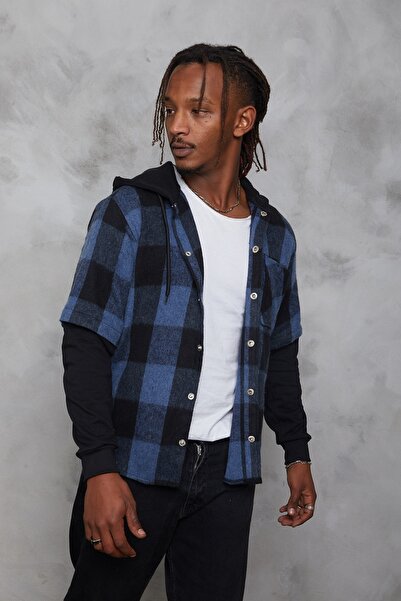 Sporting Erkek Koyu Mavi Siyah Kapüşonlu Oduncu Gömlek Sweatshirt