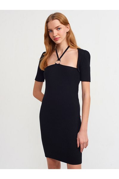 Dilvin 90130 Metal Lace Front Knitwear Dress-black