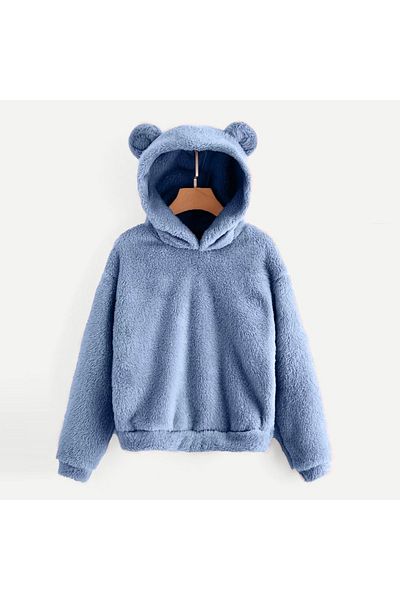 Mad&Calf Teddy de pluș albastru pentru femei - Hanorac cu glugă cu umăr și urechi