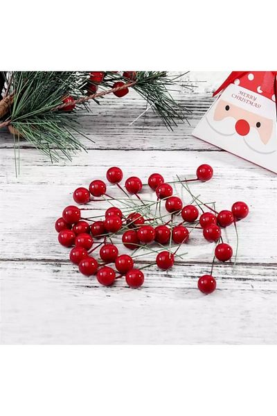 OzanTuhafiye Mini Stringed Berry Ornament Red 20 Pieces