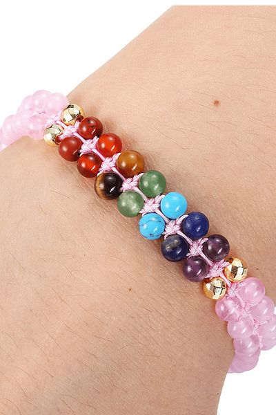Tesbih Atölyesi Pink Quartz 7 Chakra Natural Stone Bracelet - Amethyst Lapis Turquoise Aventurine Tiger Eye Agate Jasper