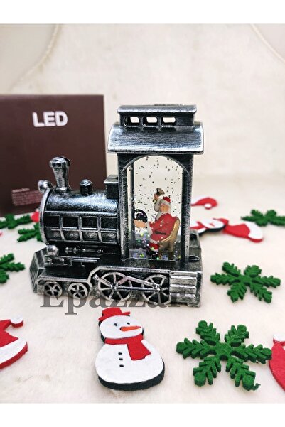 For Prime Yılbaşı Noel Baba Tasarımlı Gümüş Sulu Simli Tren Model Işıklı Küre