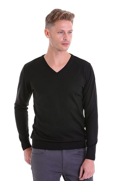 Hatemoğlu Black Comfort Fit Plain V-Neck Woolen Sweater