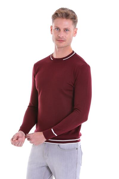 Hatemoğlu Claret Red Comfort Fit Patterned Crew Neck Woolen Sweater