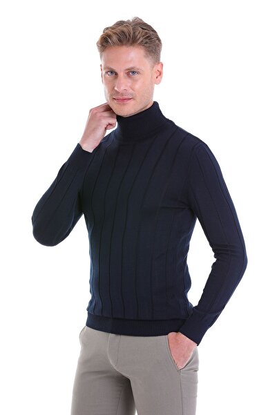 Hatemoğlu Navy Blue Comfort Fit Ribbed Turtleneck Woolen Sweater