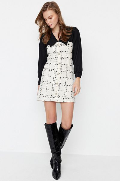 Trendyol Collection Ekrü tweed szőtt ruha TWOAW23EL00701
