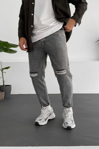 NO61 MAN Τζιν Boyfriend Grey Knee Ripped