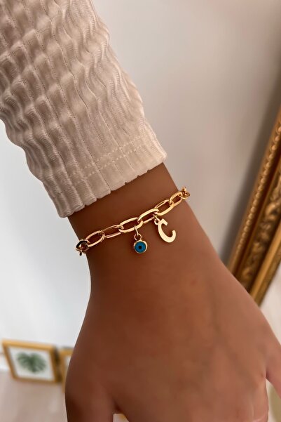 Trendy Butik Letter C and Evil Eye Hanging Paper Clip Chain Bracelet