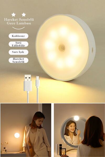 Technojet 1 Adet Usb Ile Şarj Edilebilir Akıllı Hareket Sensörlü Kablosuz Spot Led Lamba Sarı Işık