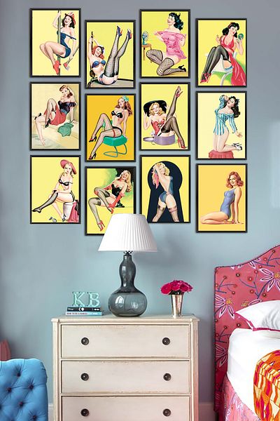 Biz Dijital Σετ ζωγραφικής MDF 12 τεμαχίων με πλαίσιο/vintage Pin Up Girls Nostalgic Paintings