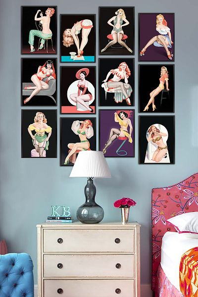 Biz Dijital Σετ ζωγραφικής MDF 12 τεμαχίων με πλαίσιο/vintage Pin Up Girls Nostalgic Paintings