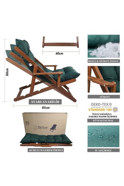 Bysay Ahşap Katlanabilir Taşınır Puf Minderli Kollu Şezlong. Plaj, Bahçe, Balkon Için (ceviz-yeşil)