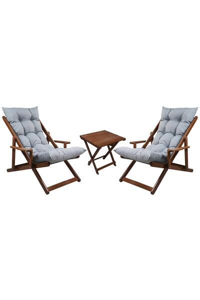 Bysay Ahşap Bahçe Takımı Katlanır Kollu Şezlong 3 Lü Set (CEVİZ-GRİ)