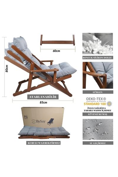Bysay Ahşap Bahçe Takımı Katlanır Kollu Şezlong 3 Lü Set (CEVİZ-GRİ)
