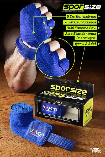 Sporsize Bandaj Voven Boxing Muay Thai Bandaj albastru de box Bandaj Muay Thai Bandaj de mână Albastru 4,5 metri