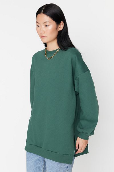 Trendyol Collection Zelená Oversize/Wide Fit Rozparek Detailní Silný fleece Uvnitř pletená mikina TWOAW23SW00195