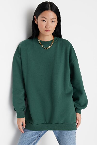 Trendyol Collection Zelená Oversize/Wide Fit Rozparek Detailní Silný fleece Uvnitř pletená mikina TWOAW23SW00195