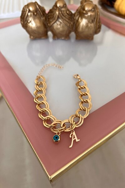 Trendy Butik Letter a Evil Eye Hanging Double Chain Bracelet