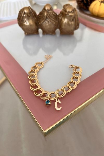 Trendy Butik حرف C مع سوار سلسلة مزدوجة معلقة على شكل عين الشر