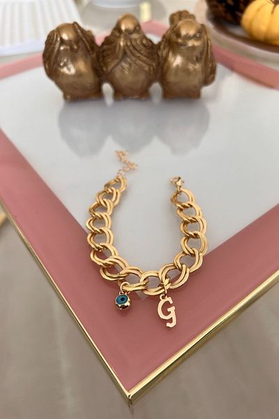 Trendy Butik حرف G مع سوار سلسلة مزدوجة معلقة على شكل عين الشر
