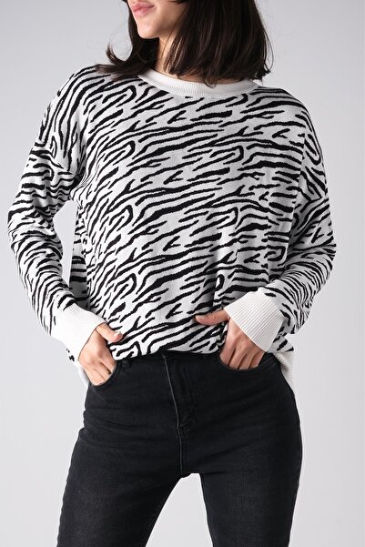 mioropa Siyah Renk Zebra Desen Kadın Kazak