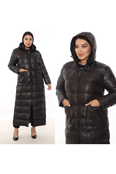 Butik Ayseba Kadın Büyük Beden Siyah Uzun Kapüşonlu Şişme Mont