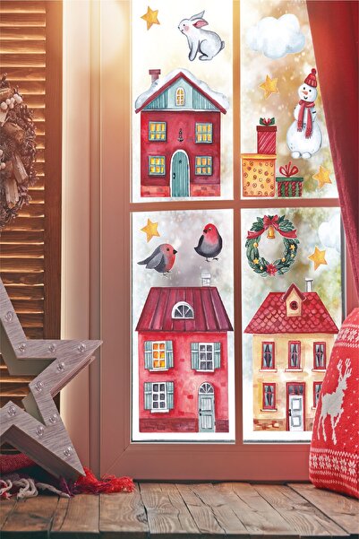 WALLHUMAN Червени коледни къщички Стъклени и стенни стикери