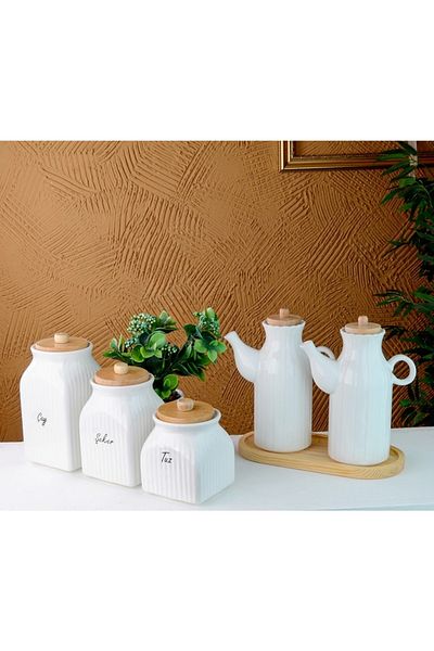 Pembelia Life 2-Piece 6-Piece Daisy Porcelain Oil Pot with Bamboo Stand and 3-Piece Tea Candy Salt Jar Set