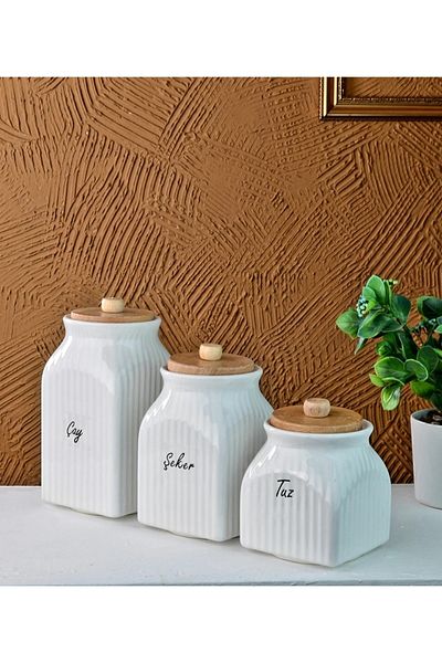 Pembelia Life 2-Piece 6-Piece Daisy Porcelain Oil Pot with Bamboo Stand and 3-Piece Tea Candy Salt Jar Set