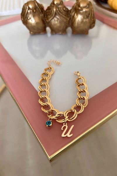 Trendy Butik حرف U مع سوار سلسلة مزدوجة معلقة على شكل عين الشر
